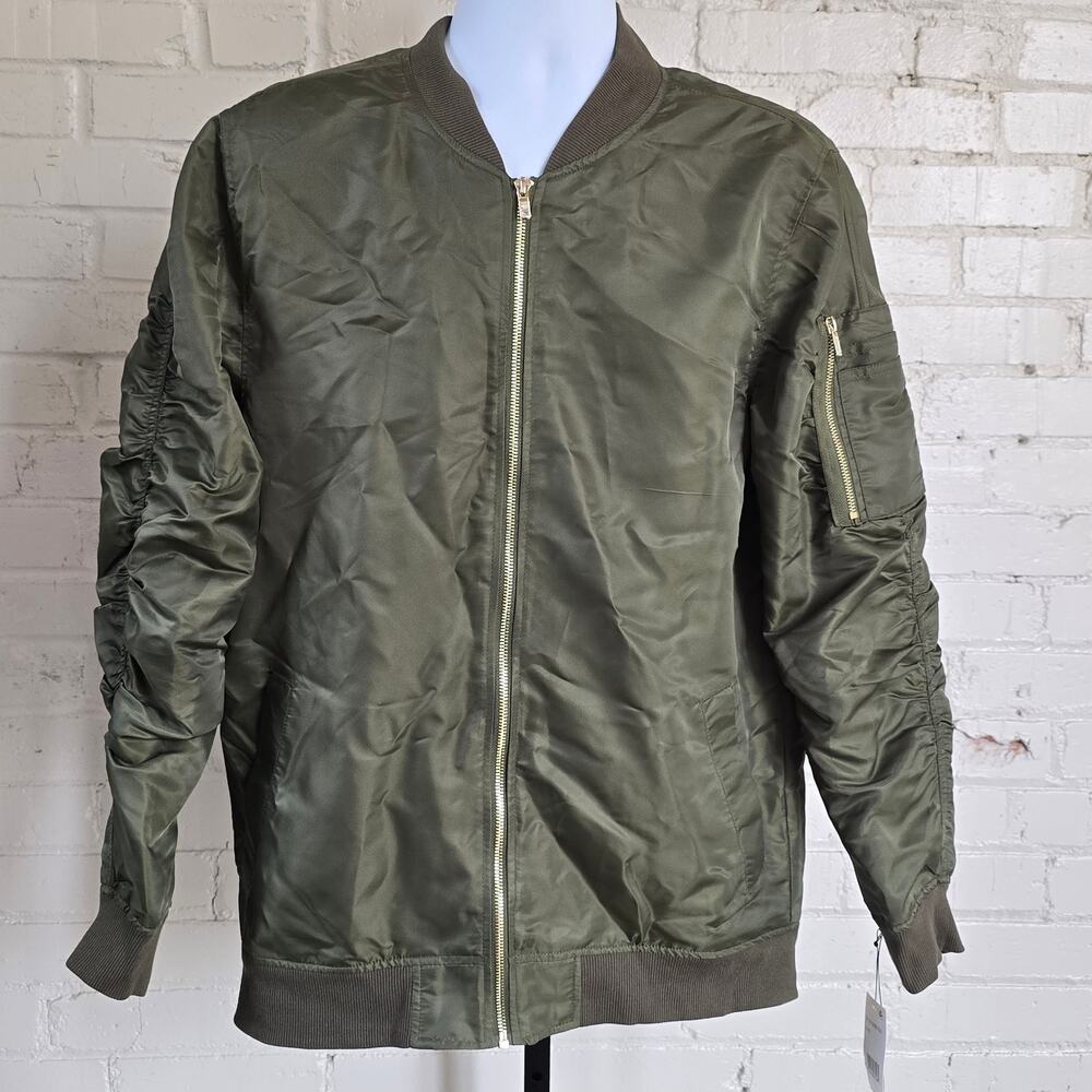 Jaywalker Olive Green Flight Bomber Jacket┃Ruched Sleeve Gold Hardwar Streetwear